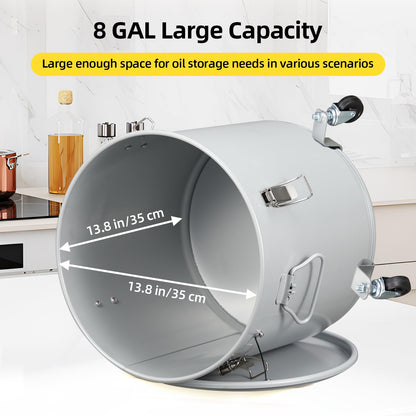 8 Gal Fryer Grease Bucket, Fryer Oil Bucket with Lid, Oil Disposal Caddy with Rust-Proof Coating, Coated Carbon Steel Oil Filter Pot with Caster Base, Oil Transport Container with Lock Clips & Filter
