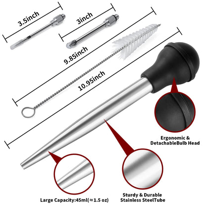 QPMR Turkey Baster With Cleaning Brush, Stainless Steel Baster Tool for Cooking-Baster Syringe for Roaster Turkey, Include 2 Meat Marinade Injector Needles for Thanksgiving