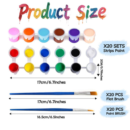 20 Pack Mini Acrylic Paint Set, 12 Colors Washable Paint Strips for Kids & Adults - Includes 40 Brushes (20 Flat + 20 Pointed), 280 PCS kids Paint Kits for Easter Eggs, Birthday, Classroom Party