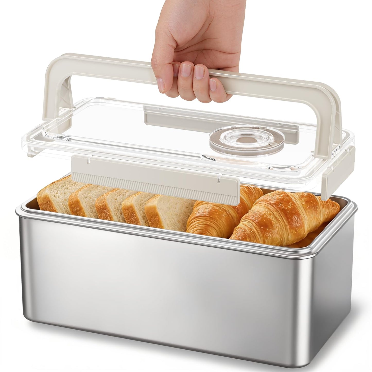 QCQHDU Bread Box, Time Recording 304 Stainless Steel Corner Fresh Bread Box Airtight Keeper Food Storage Container for Kitchen Countertop Homemade Breadbox BPA Free, 5800ML Large Capacity, 1 Pack