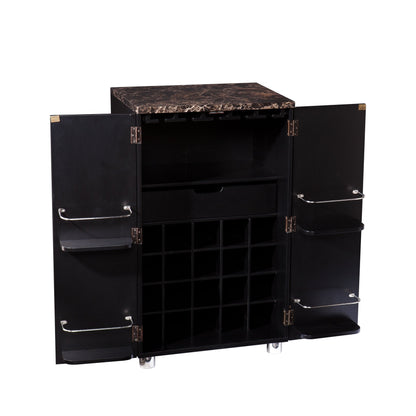 SEI Furniture Cape Town Bar Cabinet w/Wine Storage, Faux Marble Countertop with Black Finish