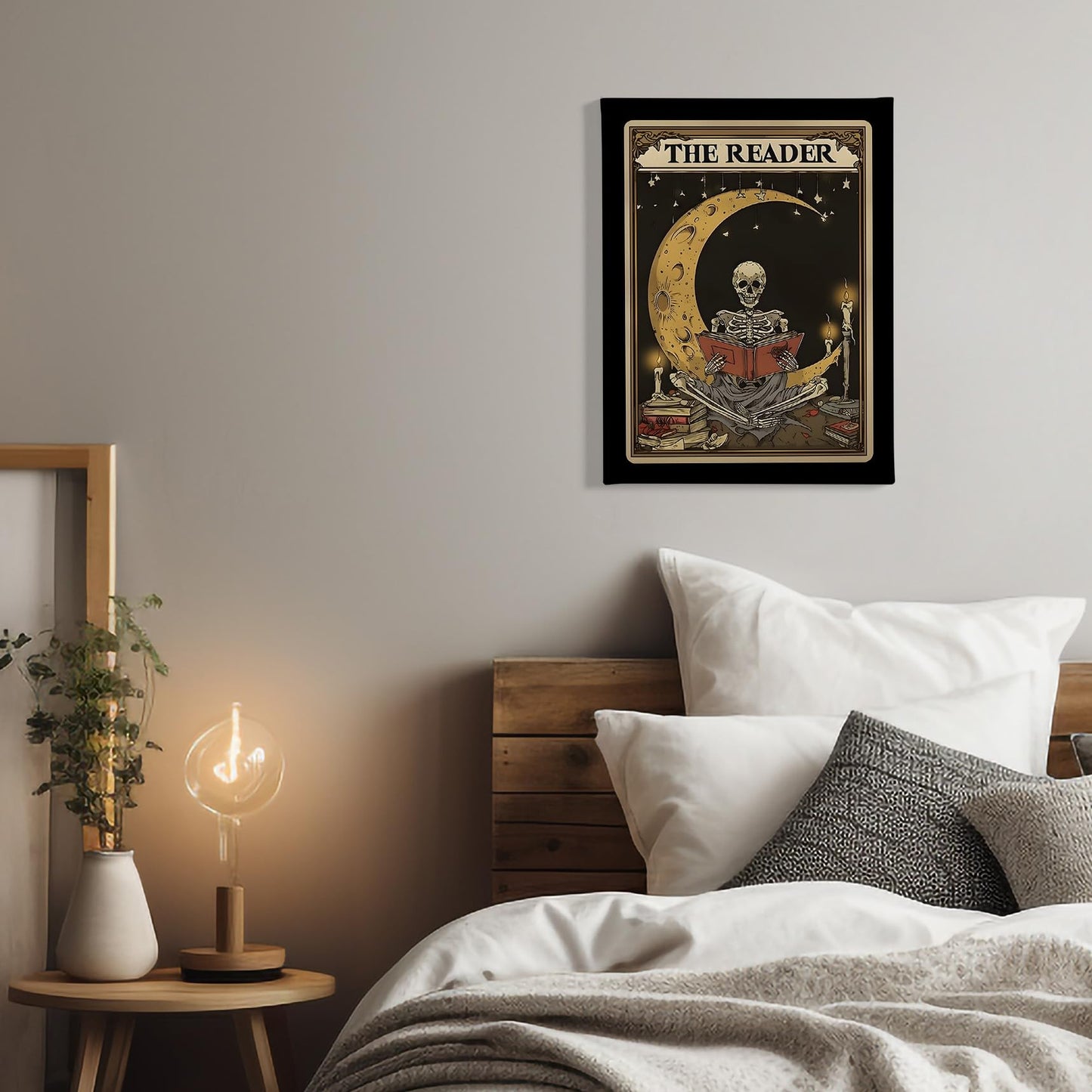 PHAMTE Boho Gothic Skeleton Reading Book Wall Art Decor Canvas 11x14, Celestial Moon Tarot Card Pictures Decorations, Goth Bookish Framed Prints Artwork for Reading Room Corner Nook Library Decor