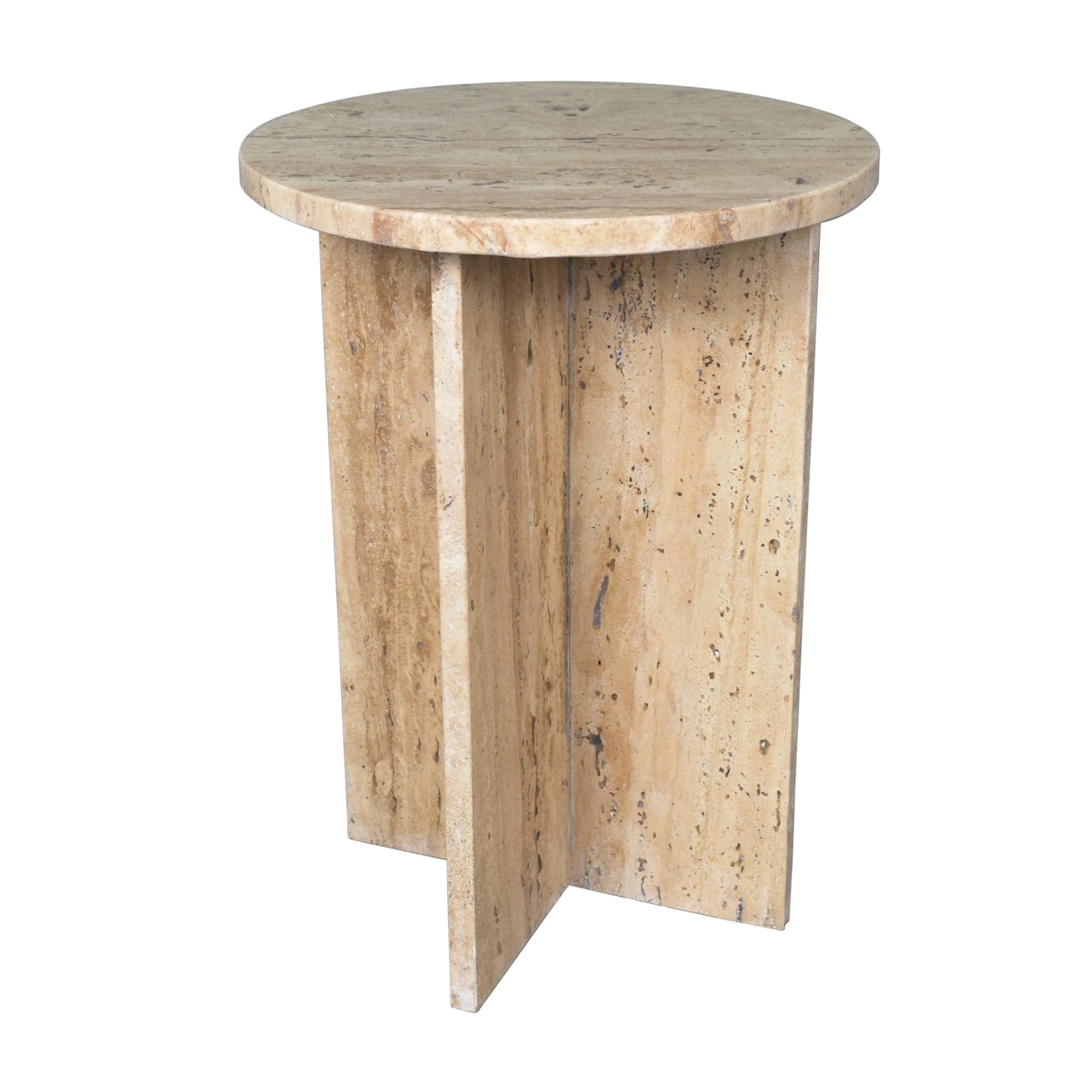 JONATHAN Y Javier Solid Travertine Marble End Table, 14-inch Round Modern Accent Side Table with Geometric Cross Base for Living Room, Bedroom, Glossy Natural Stone, Fully Assembled MTB1103C