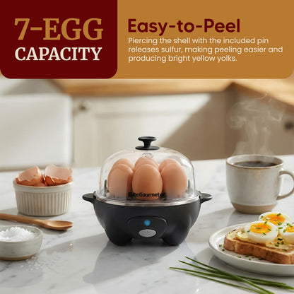 Elite Gourmet EGC-007B# Rapid Egg Cooker, 7 Easy-To-Peel, Hard, Medium, Soft Boiled Eggs, Poacher, Omelet Maker, Auto Shut-Off, Alarm, 16-Recipe Booklet, Black