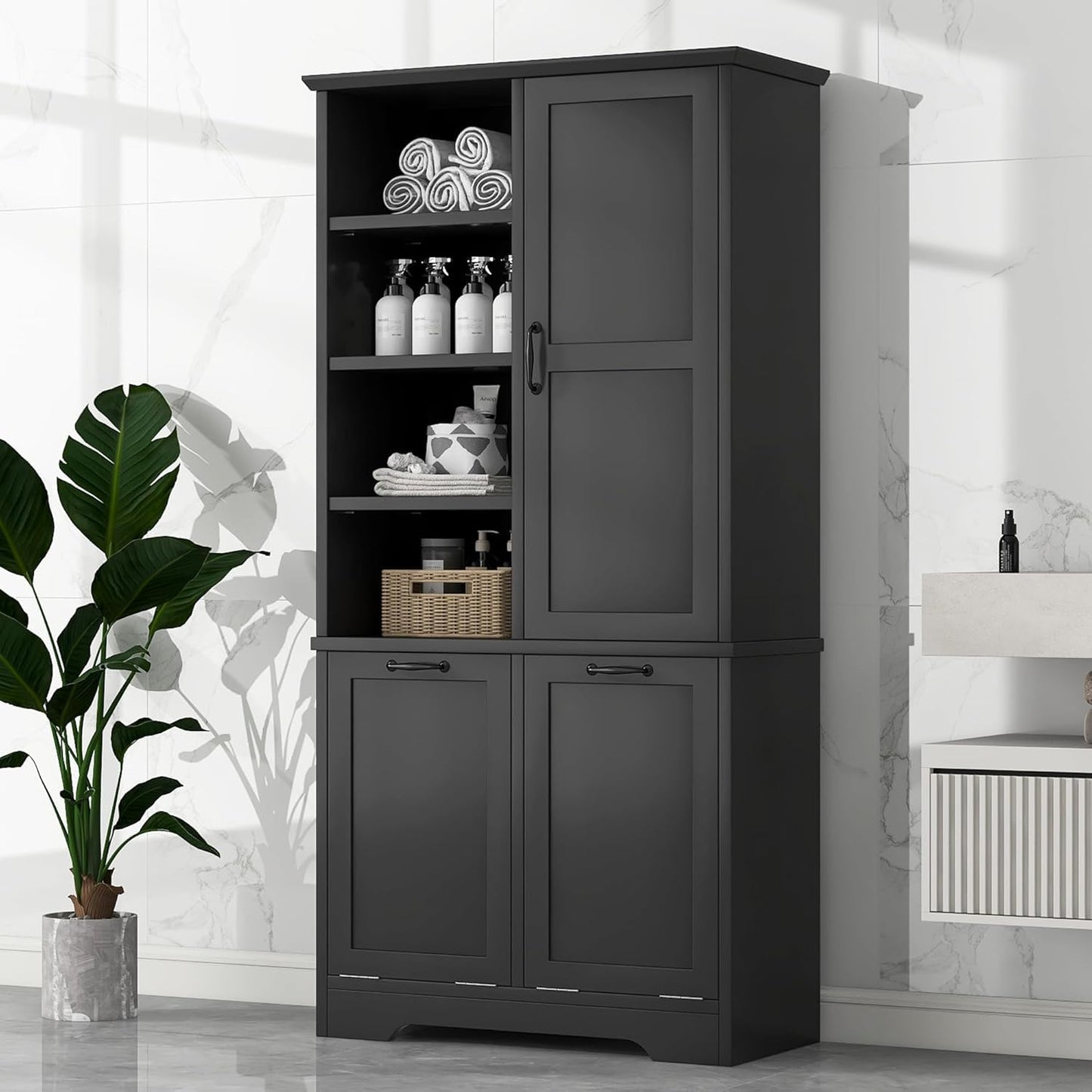 Virubi Tall Laundry Cabinet with 2 Tilt Out Laundry Hamper, Wood Bathroom Storage Cabinet with Doors and Adjustable Shelves Freestanding (Black)