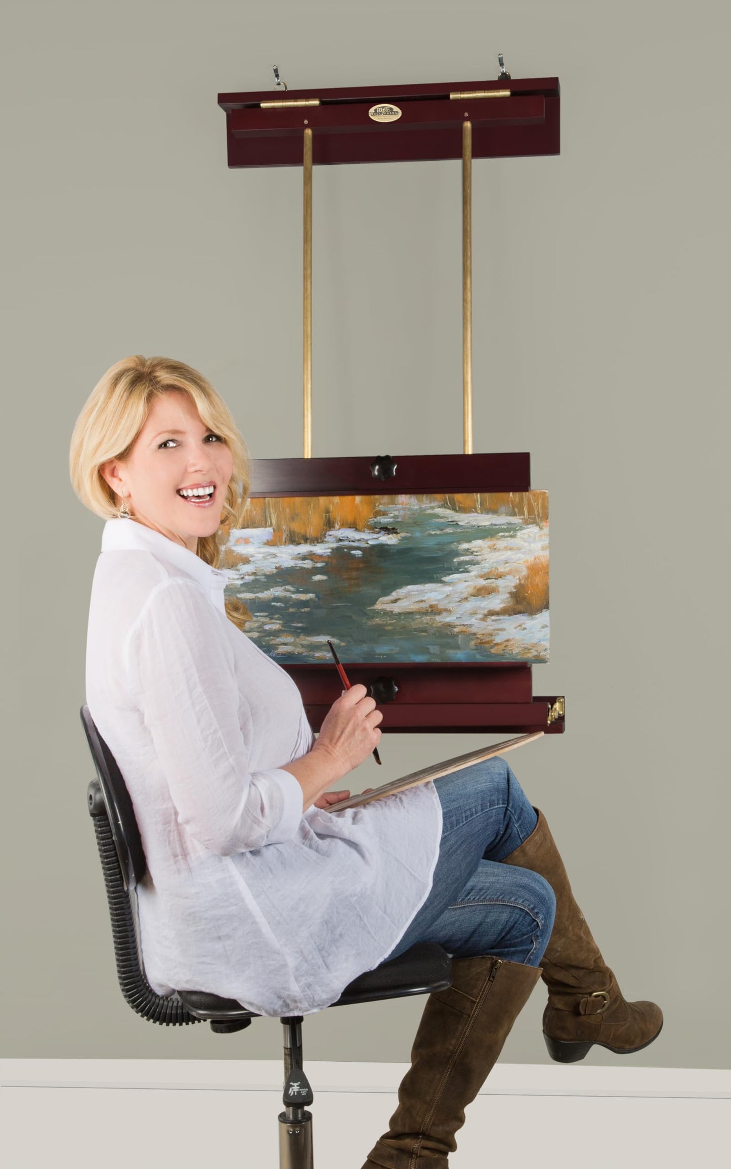 Rue Wall Easel Medium - Mahogany Finish & Brass Hardware - 32" Wide Hanging Wall Mountable Display for Art, Adjustable Angle, Holds Canvas Up to 40", Decorative Holder, Easel Lamp Compatible, 26lbs