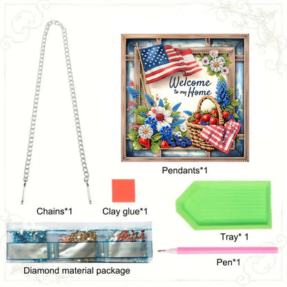 SHLUHA Diamond Art Kits for Adults Diamond Art Welcome Design Special Shape Acrylic Hanging Pendant Crystal Mosaic Home Wall Door Window Decor with Chain Handmade Gift with American Flag(LG53)