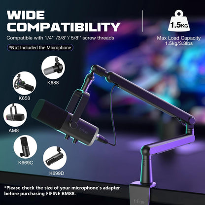 FIFINE Microphone Boom Arm, Low Profile Adjustable Stick Microphone Arm Stand with Desk Mount Clamp, Screw Adapter, Cable Management, for Podcast Streaming Gaming Studio-BM88