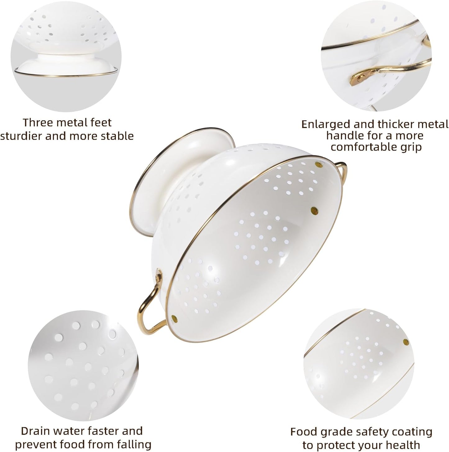 Metal Colander Set - 3-Piece Strainer Basket with Handles for Spaghetti, Pasta & Vegetables | 1, 3.5 & 5 Qt (Cream)