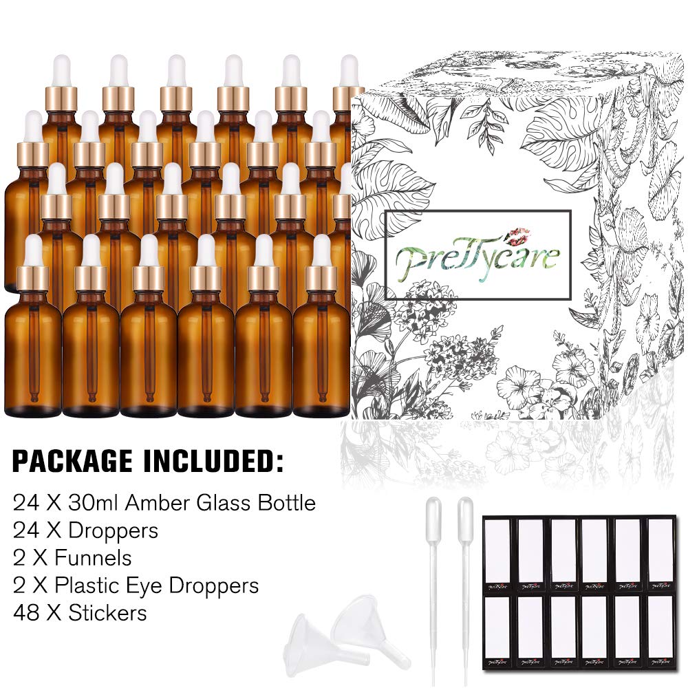 PrettyCare 1oz Glass Dropper Bottle Set of 24, Thick Amber Empty Bottles with Leakproof Golden Caps, Labels, Funnels - 30ml Eye Dropper Bottles for Storage, Essential Oils, Tincture