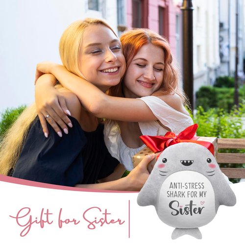 IDELTIME Sister Birthday Gifts - Throw Pillow, Easter Birthday Gifts for Sister in Law Adult Sis Bestie Friends Women, Funny Sisters Gift from Brother Sis Sibling, Shark Plush Stuffed Animal 15’’