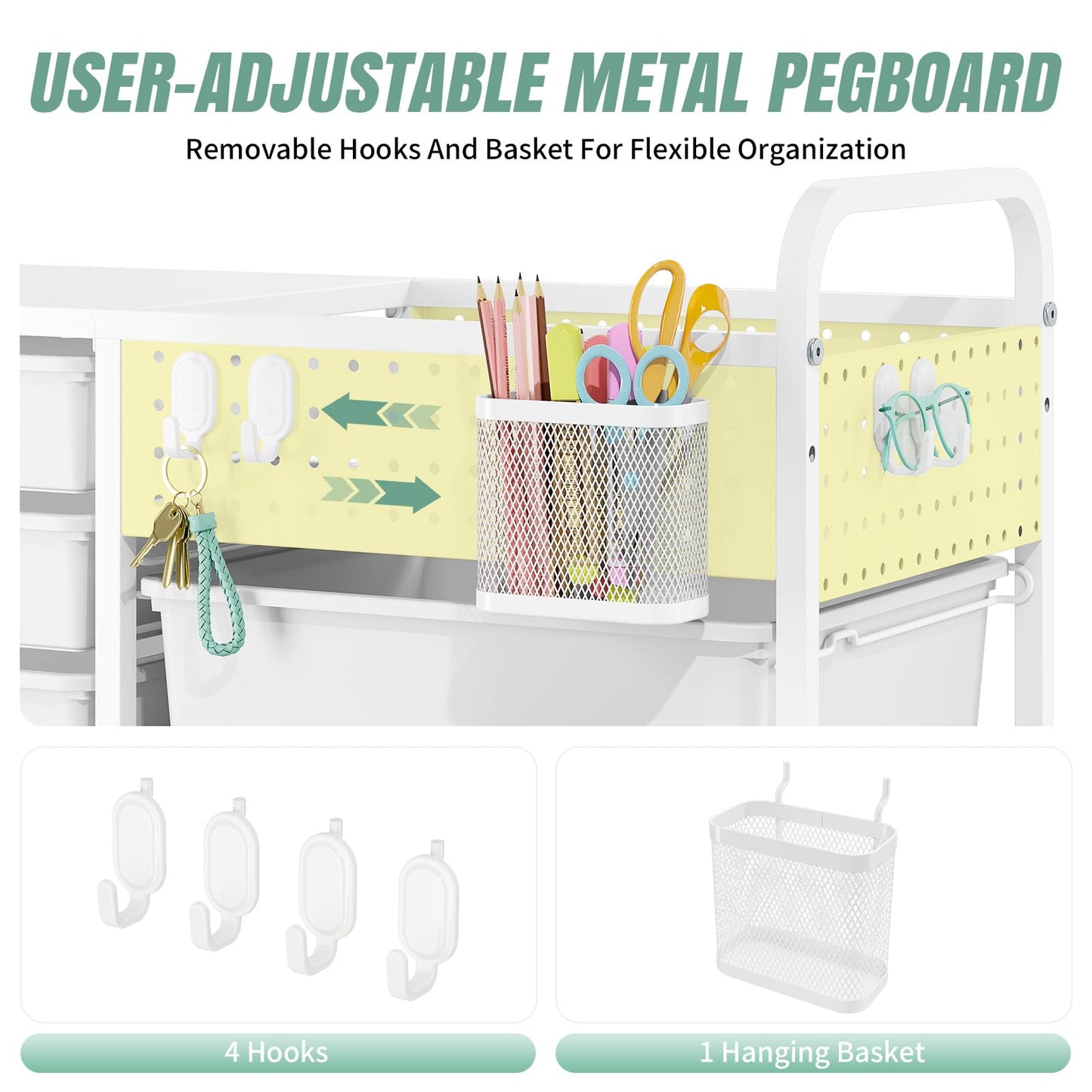 Rolling Storage Cart with 14 Drawers, Storage Organizer Cart with Tabletop and Pegboard,Utility Cart for Living Room, Classroom, Bedroom,Bathroom,Dorm,Office (Green)