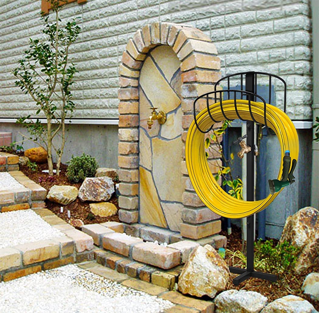 Artigarden Freestanding Garden Hose Holder Stake with Brass Faucet, Heavy Duty Metal Water Pipe Storage Stand Rack for Outdoor