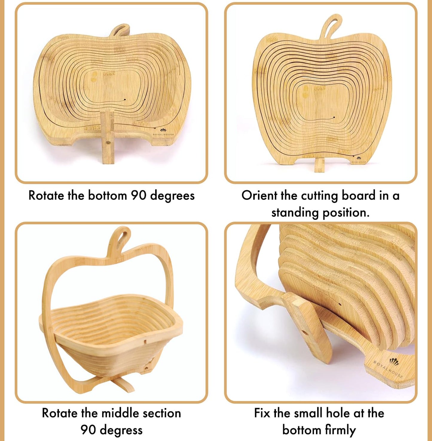 RoyalHouse Bamboo Foldable Fruit Bowl Apple Shape,12“x10.5"- Collapsible, Fruit & Vegetable Storage For Kitchen Countertop, Bamboo Fruit Basket, Tabletop Fruit Serving Bowl
