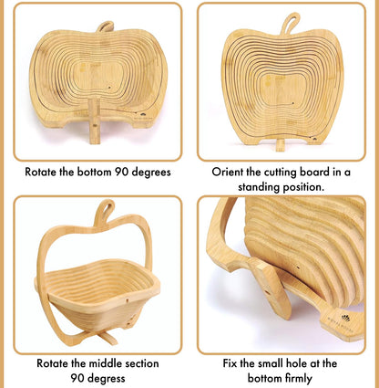 RoyalHouse Bamboo Foldable Fruit Bowl Apple Shape,12“x10.5"- Collapsible, Fruit & Vegetable Storage For Kitchen Countertop, Bamboo Fruit Basket, Tabletop Fruit Serving Bowl