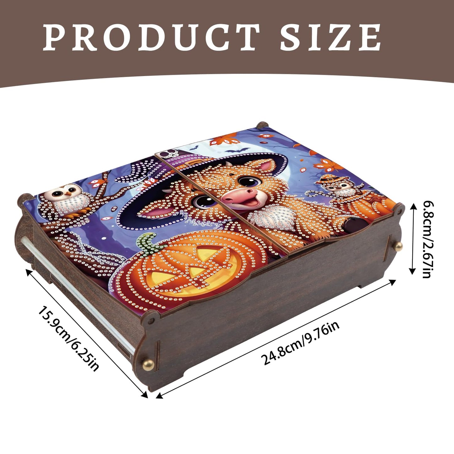 antor DIY Diamond Painting Wooden Storage Box, Halloween Cow and Pumpkin Special Shaped Rhinestone Art Flip Cover Organizer, Handmade Desktop Diamond Art Storage Box Decor
