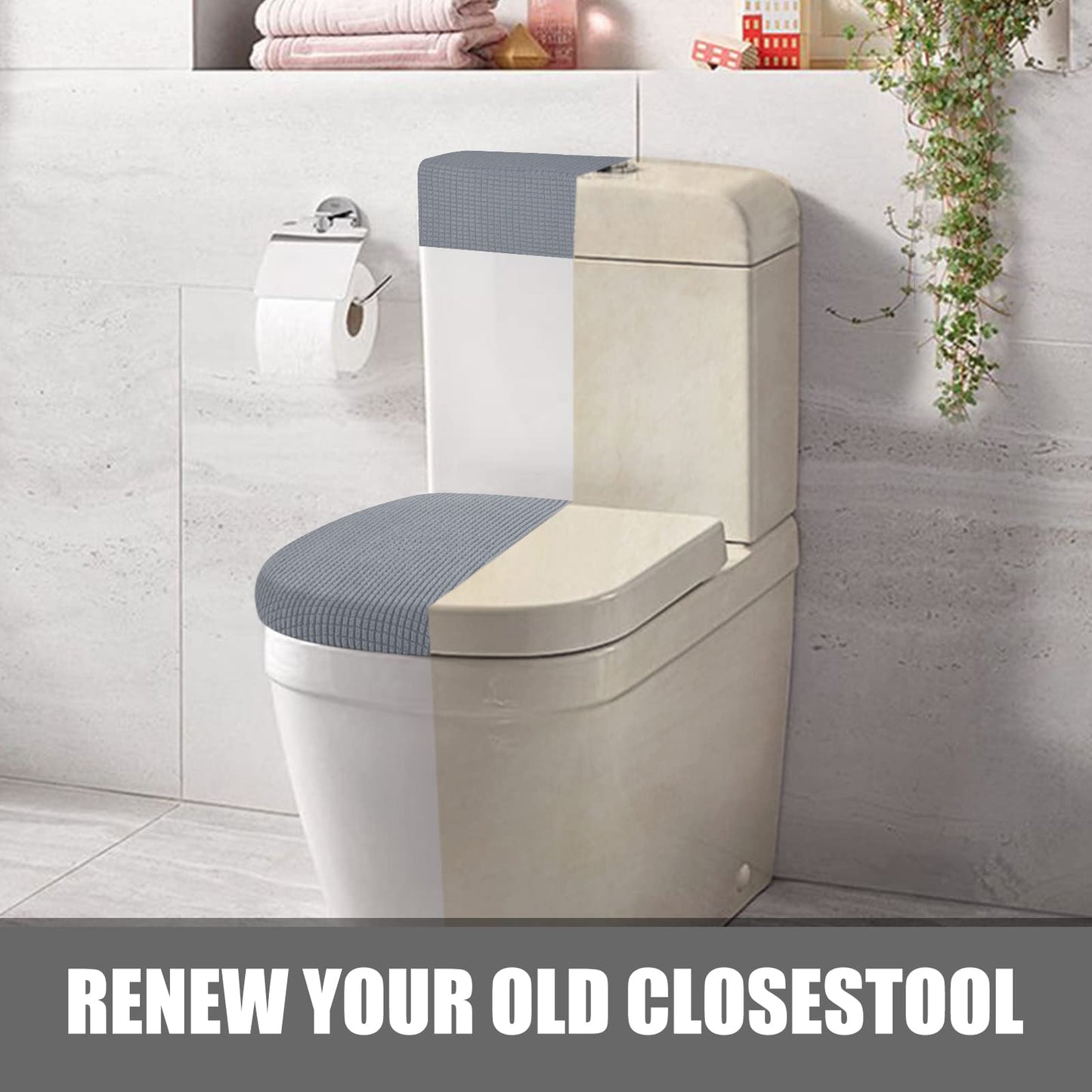 Toilet Lid Cover and Toilet Tank Cover Stretch Toilet Covers Set for Bathroom, Polyester Spandex Jacquard Fabric, Machine Washable, with Elastic Bottom, Light Gray