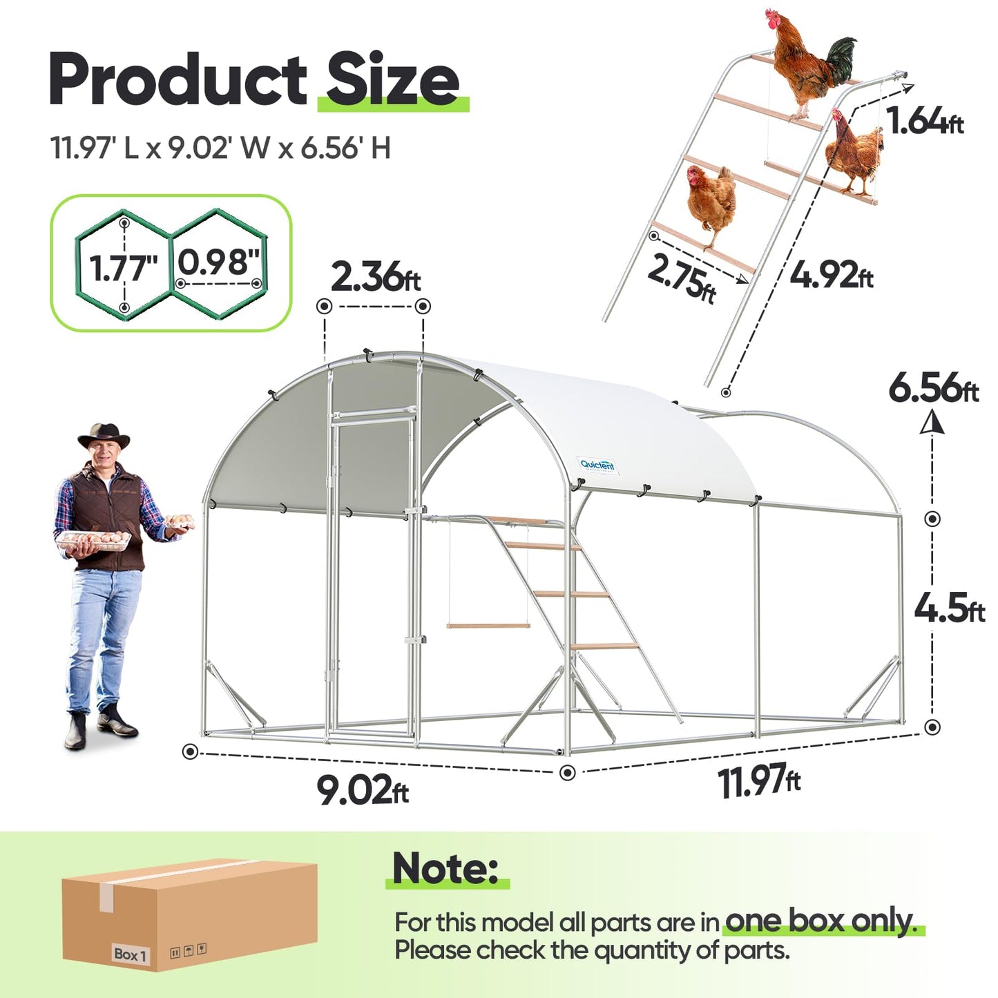 Quictent Essential Series 12x9x6.6ft Metal Chicken Coop Run with Climbing Ladder, Walk-in Outdoor Poultry Cage with PVC Coated Chicken Wire, Hen Duck Rabbit Farm House, Waterproof Anti-UV Cover