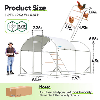 Quictent Essential Series 12x9x6.6ft Metal Chicken Coop Run with Climbing Ladder, Walk-in Outdoor Poultry Cage with PVC Coated Chicken Wire, Hen Duck Rabbit Farm House, Waterproof Anti-UV Cover