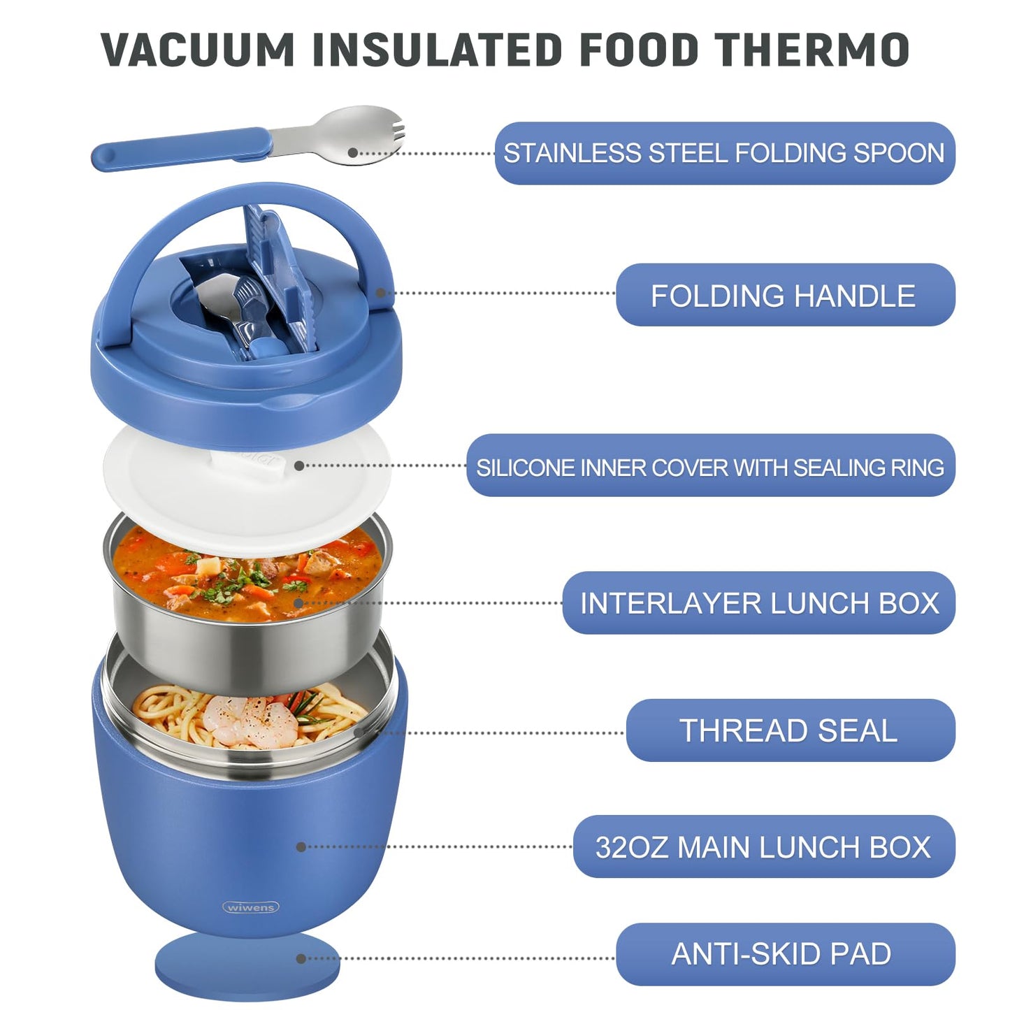 wiwens Thermo Food Jar for Hot Food Adults 32OZ Soup Thermo Lunch Containers Wide Mouth Vacuum Insulated Stainless Steel Leakproof Bento Box with Spoon (Blue)