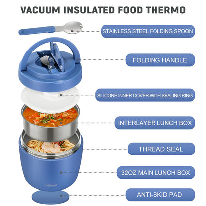 wiwens Thermo Food Jar for Hot Food Adults 32OZ Soup Thermo Lunch Containers Wide Mouth Vacuum Insulated Stainless Steel Leakproof Bento Box with Spoon (Blue)