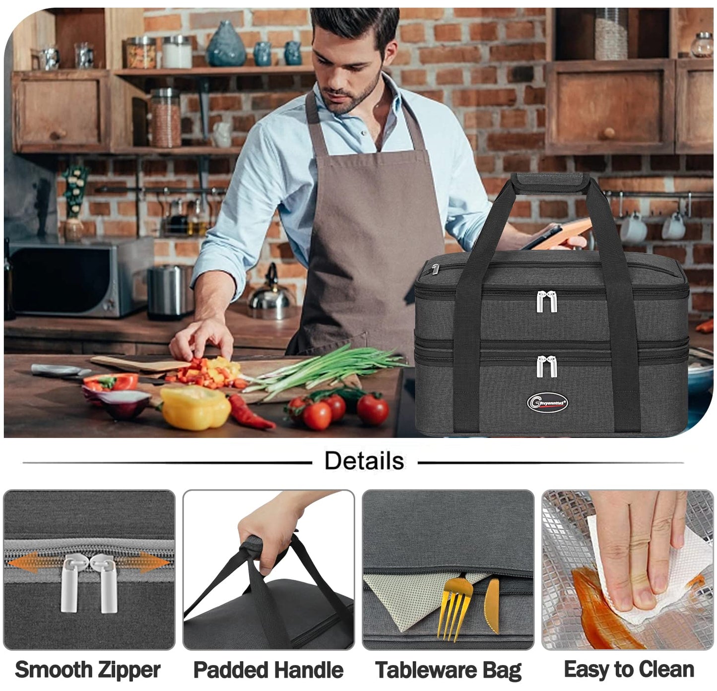 GhvyenntteS Insulated Casserole Carrier, Double Casserole Carriers for Hot or Cold Food Warmer Bag, Lasagna Lunch Bag Keep Food Warm for Potluck Parties, Picnic, Travel, Fits 9"x13" Baking Dish, Grey