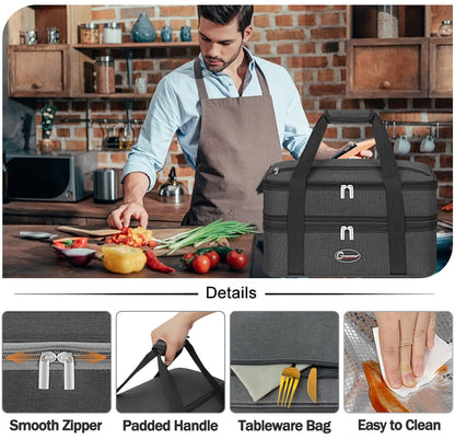 GhvyenntteS Insulated Casserole Carrier, Double Casserole Carriers for Hot or Cold Food Warmer Bag, Lasagna Lunch Bag Keep Food Warm for Potluck Parties, Picnic, Travel, Fits 9"x13" Baking Dish, Grey
