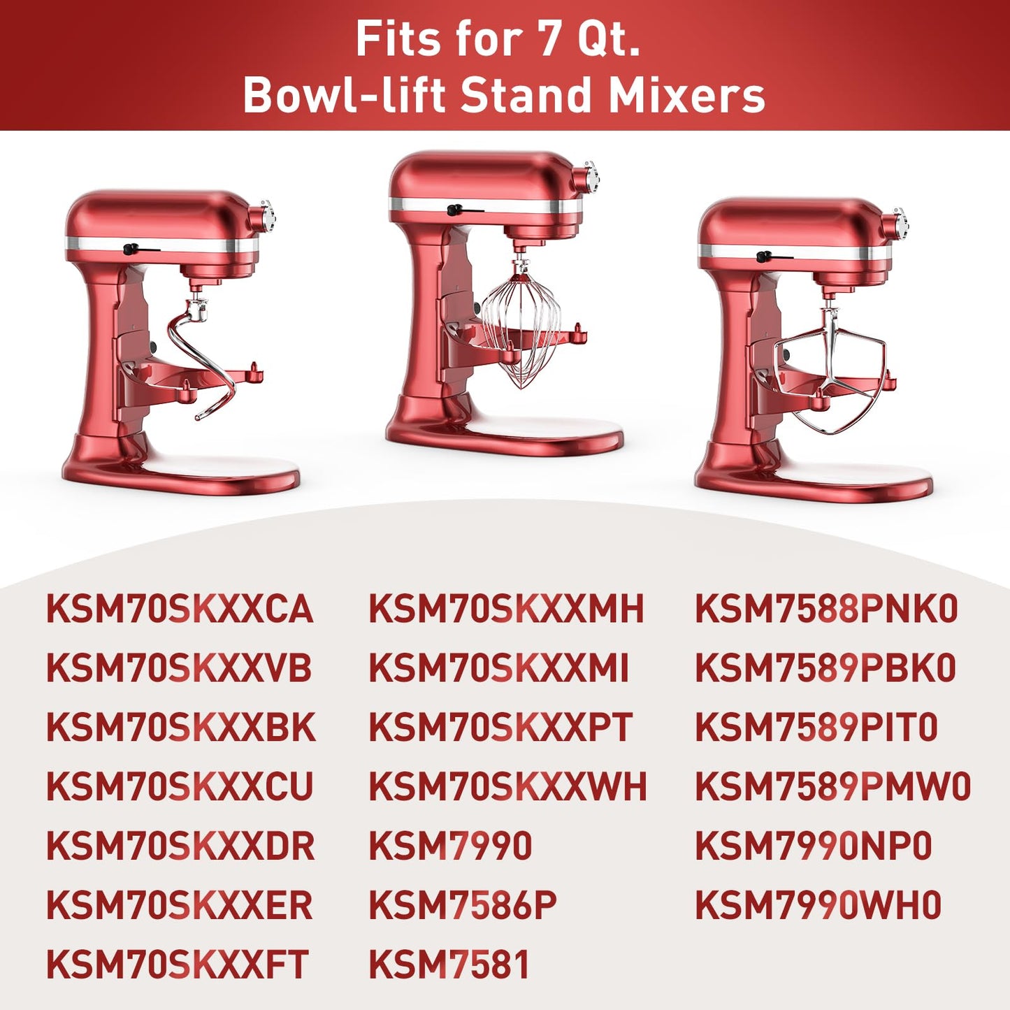 Stainless Steel Stand Mixer Attachments 3-Piece (7QT Flat Beater, 7QT Dough Hook, 7QT 9-Wire Whip Attachment) for KitchenAid Lift Stand Mixer and 7 Quart Bowl, Dishwasher Safe