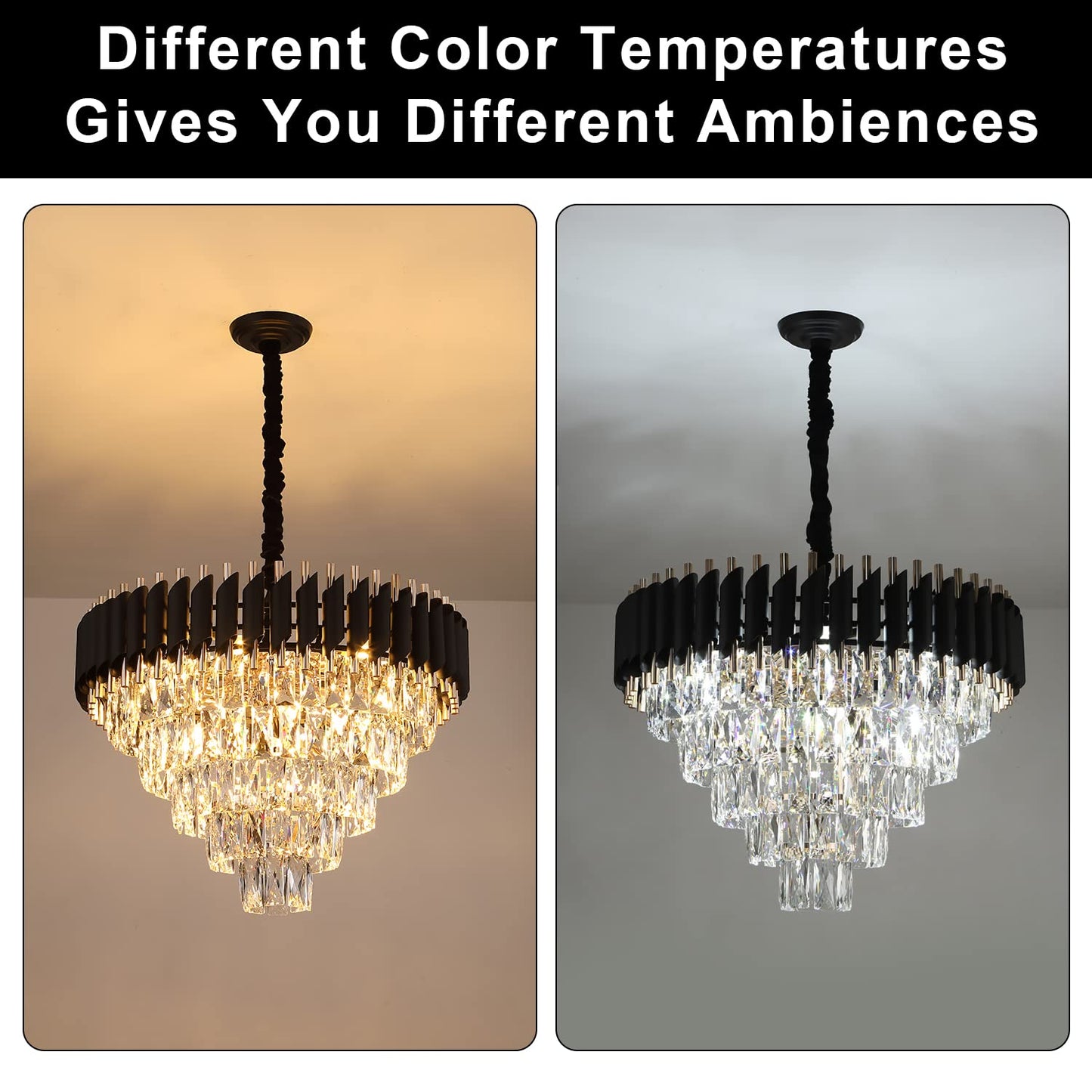 AXILIXI Crystal Chandelier Contemporary, 24" Modern Living Room Chandeliers, K9 Crystal Ceiling Lights Fixtures, Round 5 Tiers Pendant Lighting Chandelier Black for Entryway Dining Room Staircase