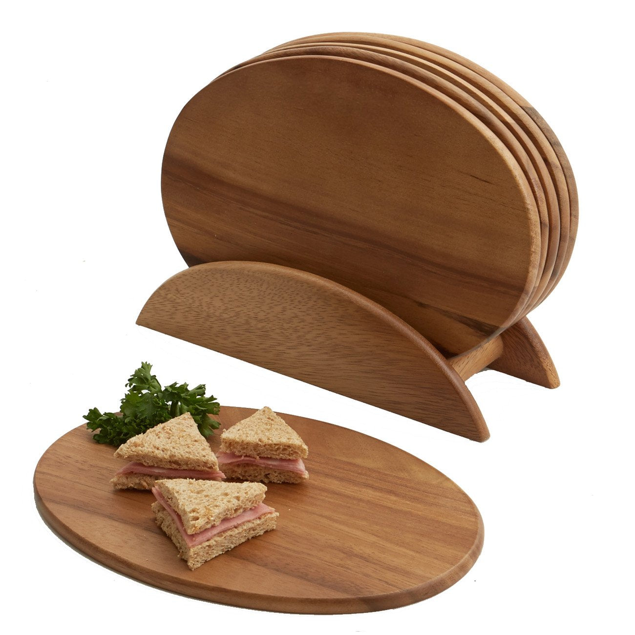6 Acacia Wood Serving Boards with Stand, Perfect for Serving, Sushi, Cheese, Hors d'oeuvre, Charcuterie, Sandwiches by Woodard & Charles, 7 Piece Set, 9 1/2" x 6 1/2" ★★PACK OF 10★★