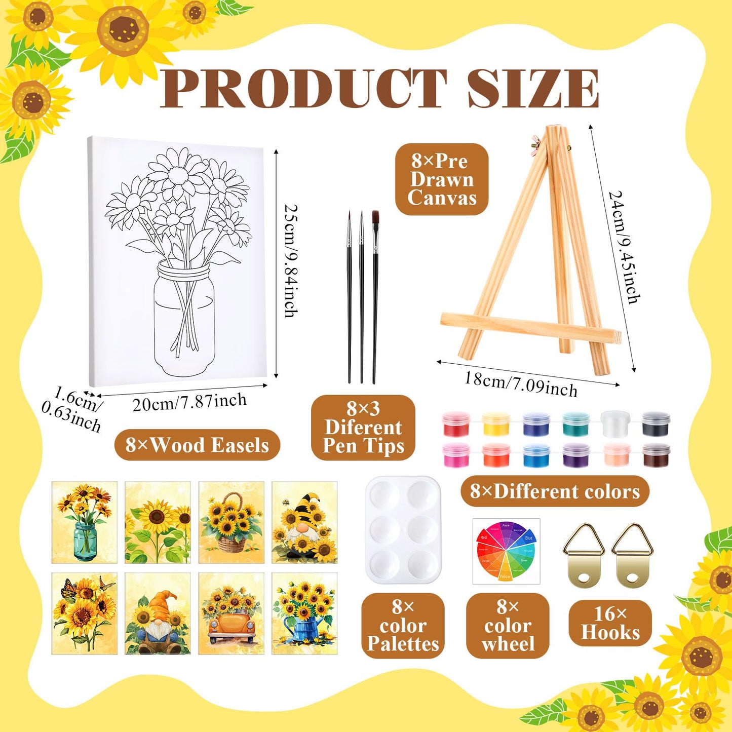 Humyoun 8 Sets 8" x 10" Sunflower Pre Drawn Canvas to Paint for Sip and Paint Party Sunflower Predrawn Coloring Set Pre Sketched Canvas Boards with Paints and Brushes for Adult