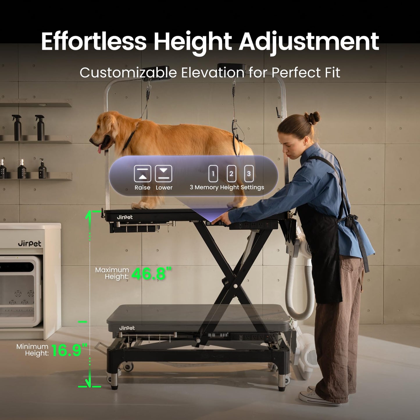 JirPet Dog Grooming Table for Large Dogs, Electric Lift with Memory Function, 46″ Professional Grooming Table with Strong Stability, Power Outlet, Grooming Light, and Wheels for Easy Mobility