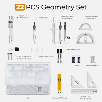 Nicpro 22 PCS Compass Geometry Tools with Case, Drafting Tools Geometry Set with Swing Arm Protractor, Rulers, Metal Compass, Square Set, Mechanical Pencil, Back to School Supplies for Students