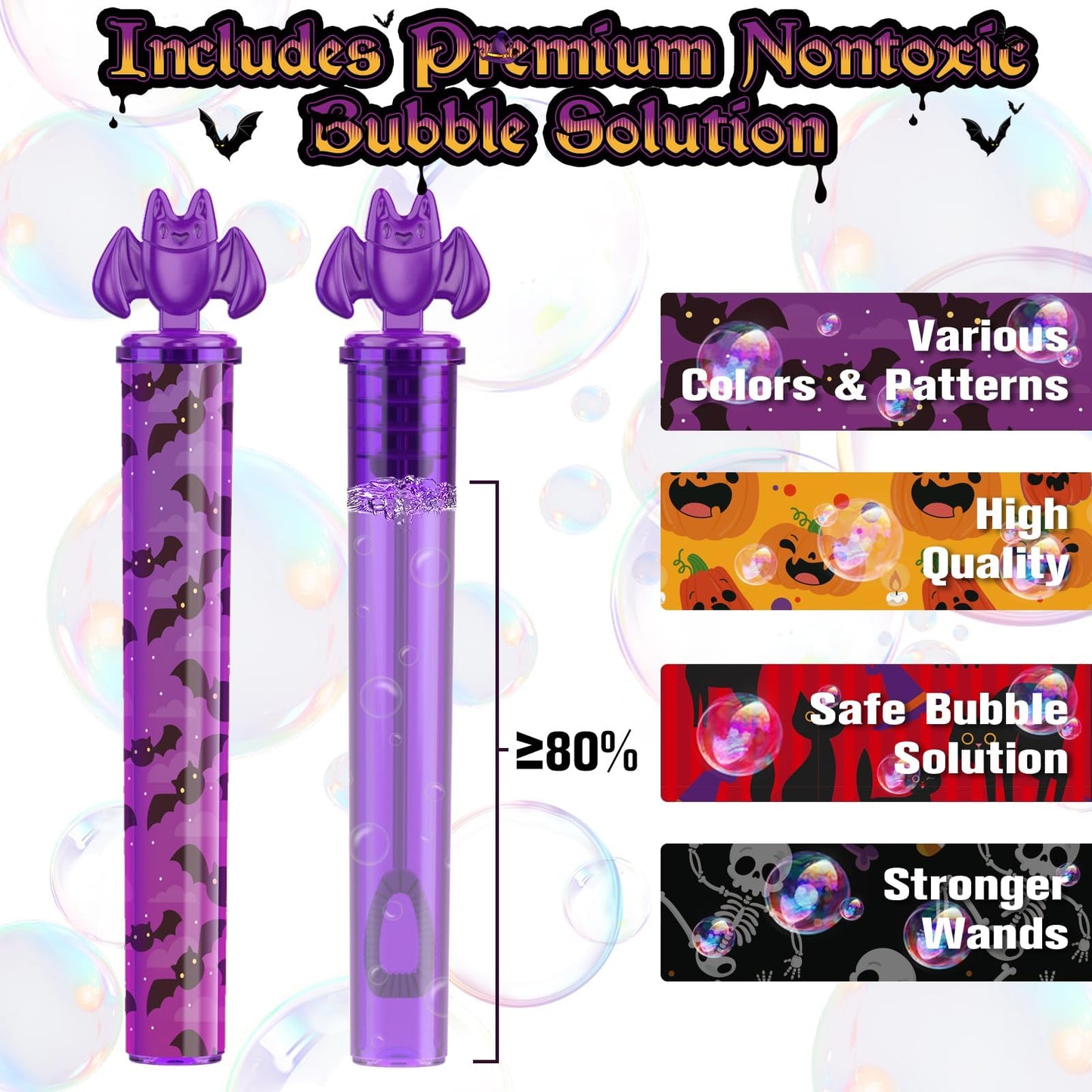 AuroTops 80PCS Halloween Mini Bubble Wands,Halloween Party Favors for Kids,Halloween-Themed Stickers Bubble Wands for Trick or Treat Toys Gifts for Kids Toys,Goodie Bag Stuffers