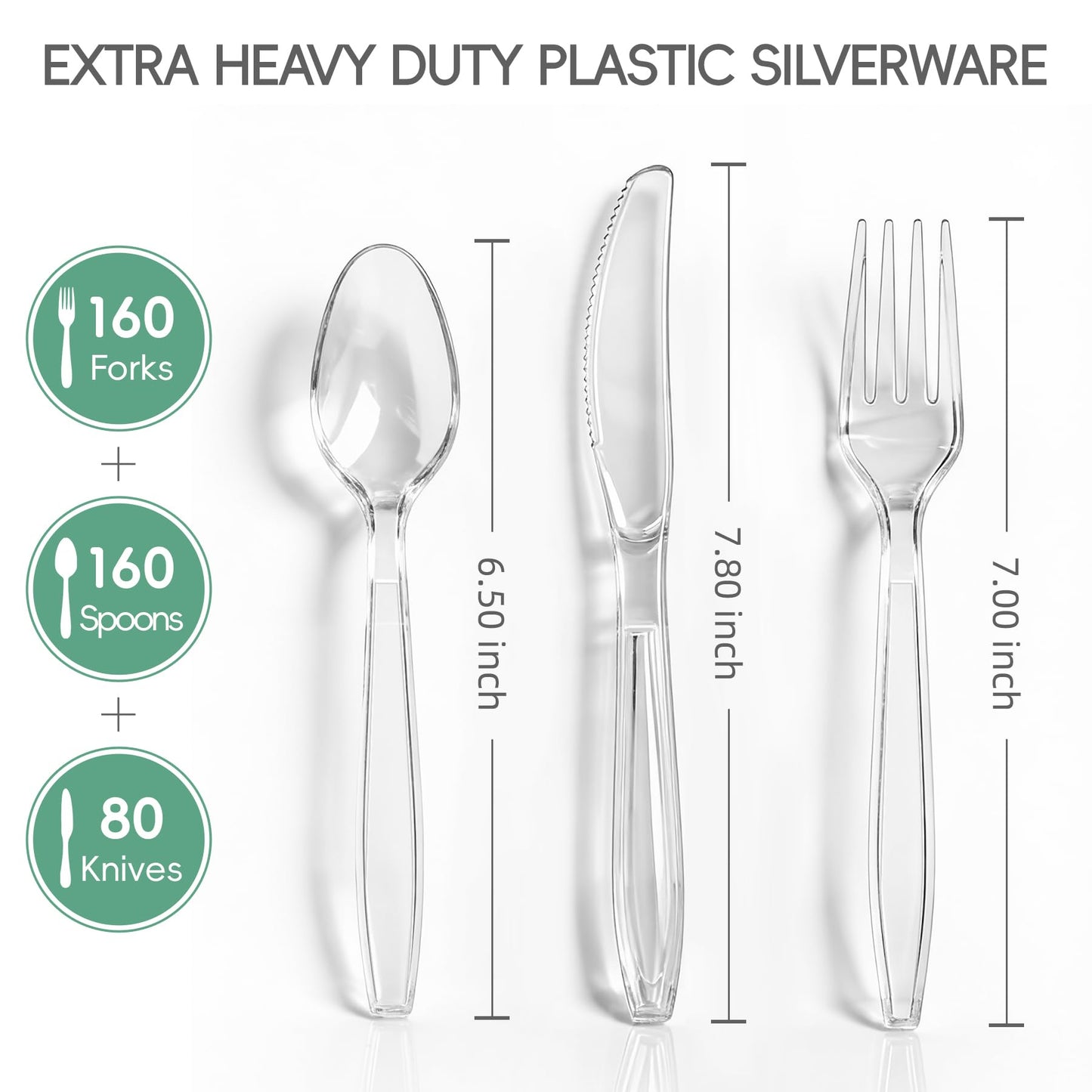 QualQuot 400 Count Clear Plastic Silverware, Extra Heavy Duty Plastic Utensils Set Includes 160 Forks, 160 Spoons and 80 Knives, BPA-Free and Heat Resistant Disposable Cutlery for Party and Daily Use
