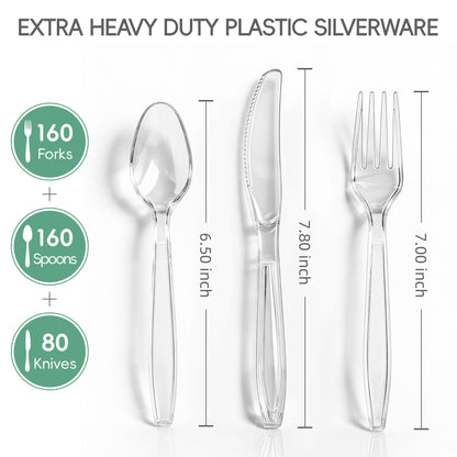 QualQuot 400 Count Clear Plastic Silverware, Extra Heavy Duty Plastic Utensils Set Includes 160 Forks, 160 Spoons and 80 Knives, BPA-Free and Heat Resistant Disposable Cutlery for Party and Daily Use