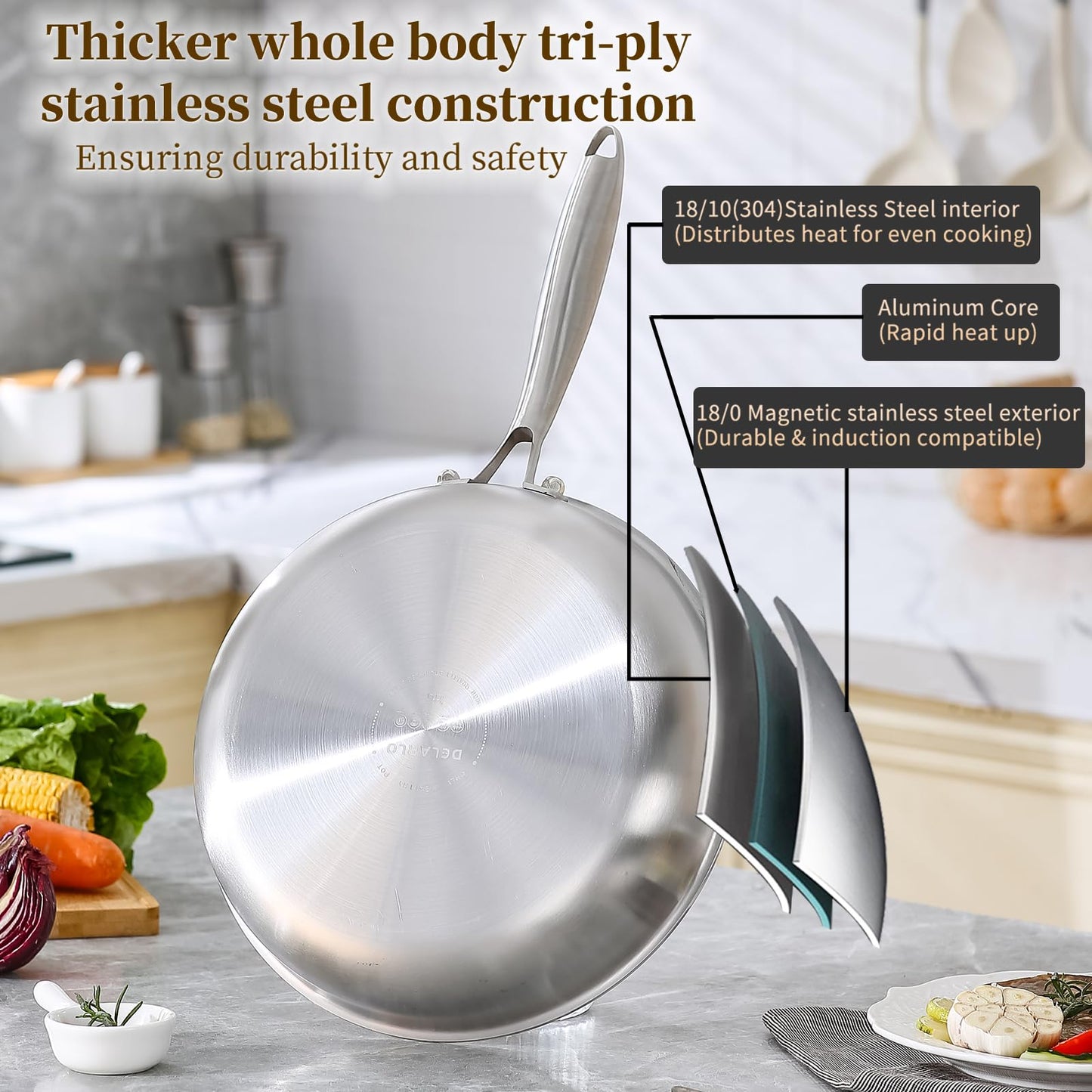 DELARLO Tri-Ply Stainless Steel Pan, 18/10 Frying Pan, Oven Safe Up to 600°F, Nontoxic Cookware, Compatible with All Cooktops Skillet, Durable, Fast Even Heat Fry Pan,12 inch Pan with Glass Lids