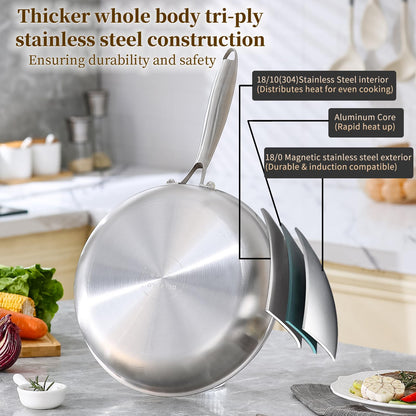 DELARLO Tri-Ply Stainless Steel Pan, 18/10 Frying Pan, Oven Safe Up to 600°F, Nontoxic Cookware, Compatible with All Cooktops Skillet, Durable, Fast Even Heat Fry Pan,12 inch Pan with Glass Lids