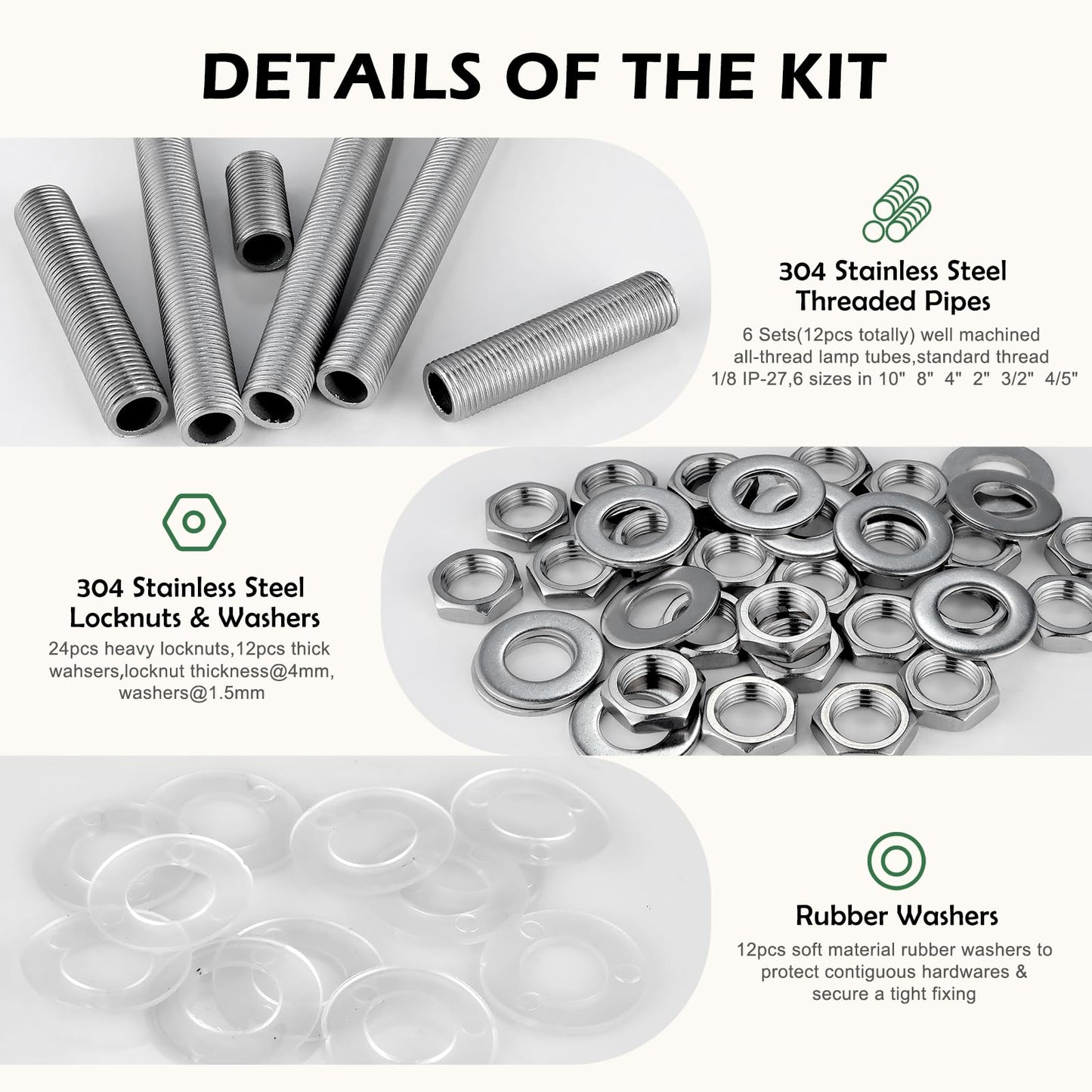Stainless Steel Lamp Pipe,Lamp Repair Hardware Assortment,SS304 Lamp Assembly Hardware Including 10" Nipples,Washers & Locknuts.Threaded Lamp Rod for Outdoor Lamps (304 Stainess Steel)