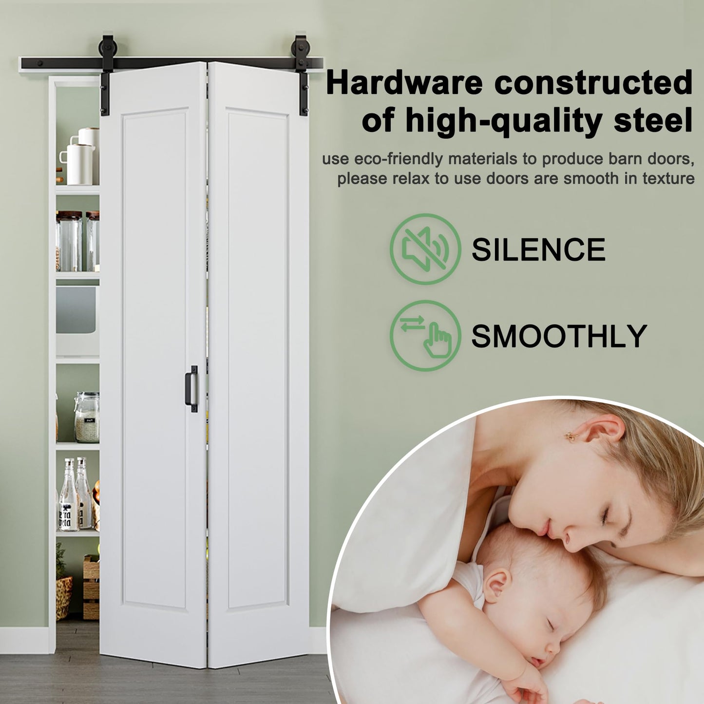 64" x 84" 1 Panel Bifold Barn Door, 72" Track Kit for 4 Closet Doors, Pre-Assembled Panel Bi-fold Barn Door for Pantry, Primed White Finish with Water-Resistant and Scratch-Resistant, Paintable