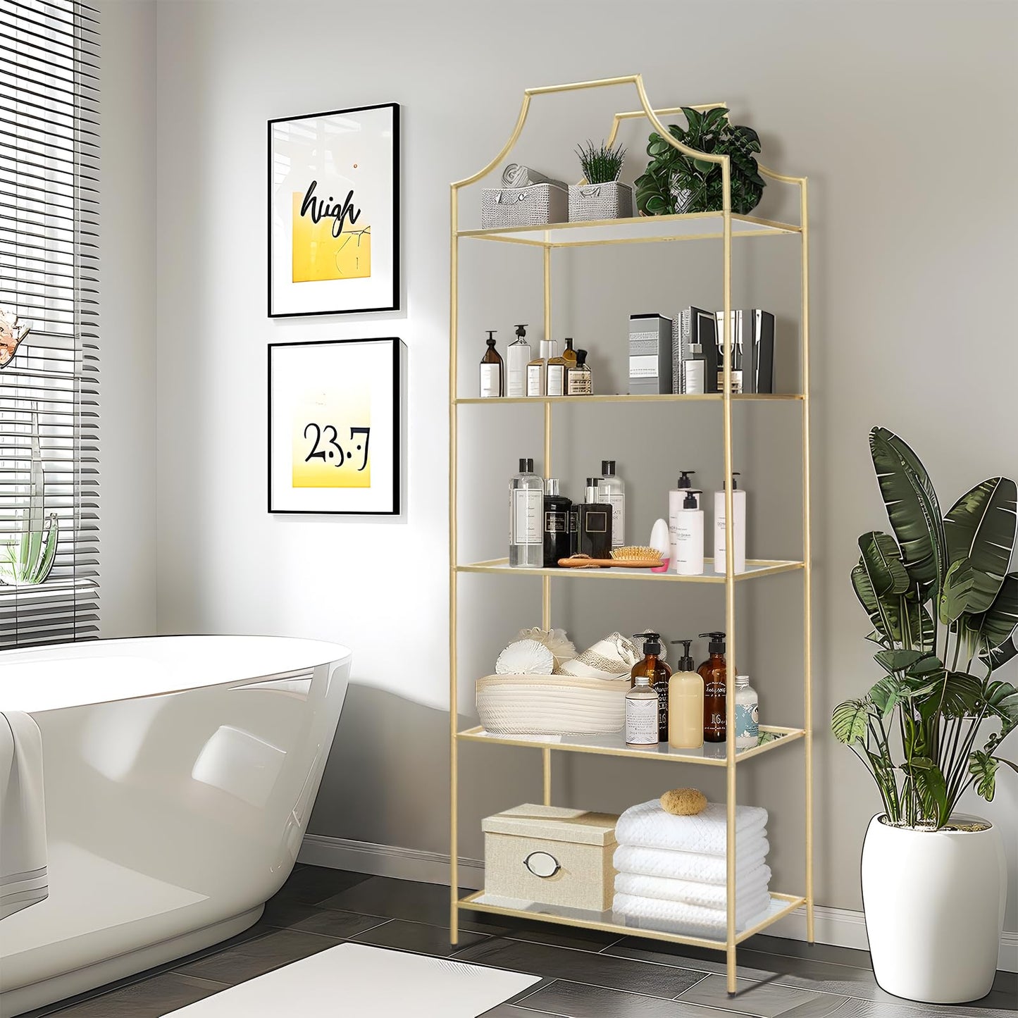 GIFTTROVE 5 Tier Bookshelf, Metal Book Shelf for Storage, Tall Storage Display Bookcase, Modern Open Book Case for Bedroom, Living Room, Glass Office Organization Shelf, 66.3" X 26" X 13"
