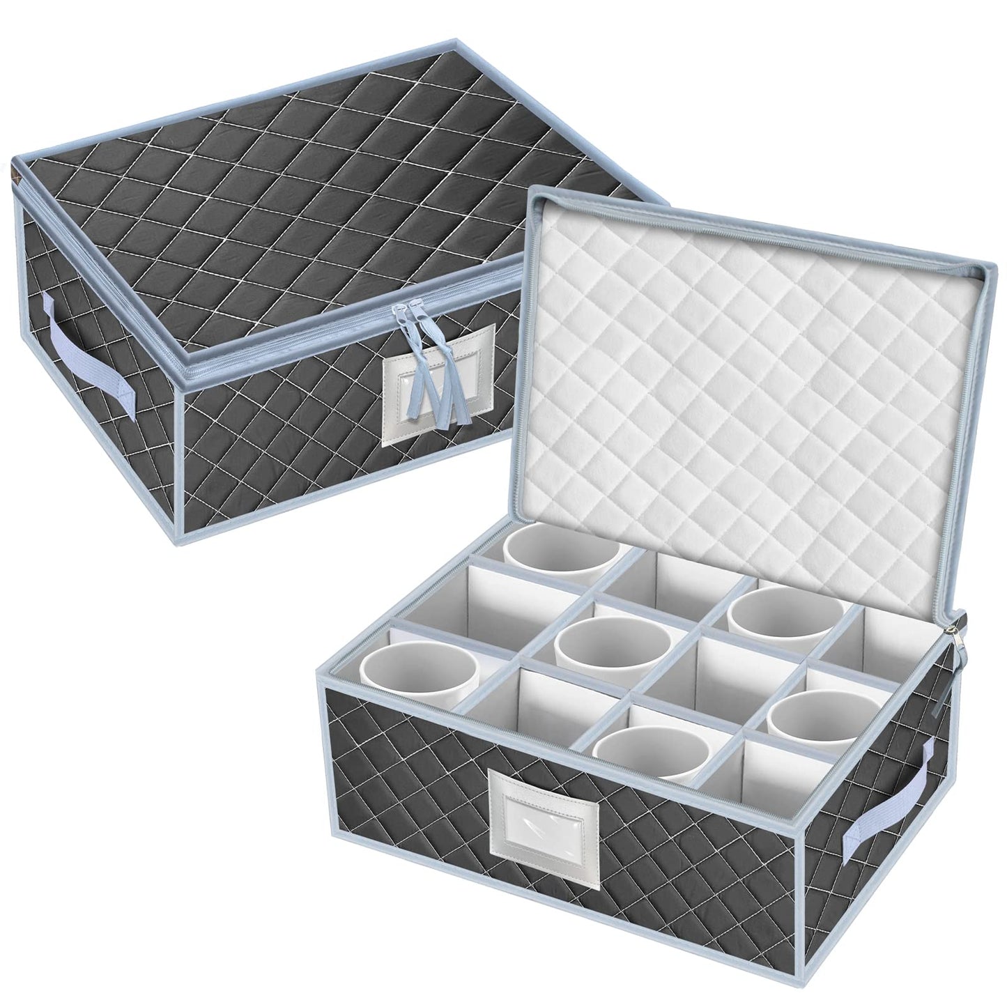 VERONLY Mug and Cup Storage Box with Dividers - 2 Pack China Storage Bin Containers Holds 24 Glassware, Stackable Coffee Mug Organizer Bin and Tea Cup with 2 Metal Zipper,Label and Handles (Grey)