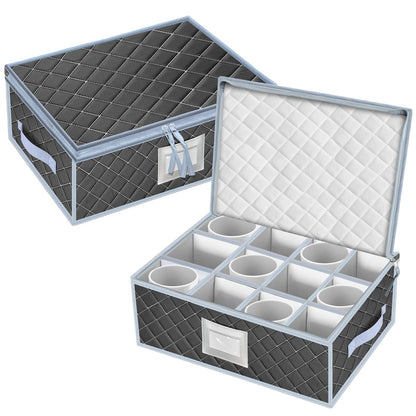 VERONLY Mug and Cup Storage Box with Dividers - 2 Pack China Storage Bin Containers Holds 24 Glassware, Stackable Coffee Mug Organizer Bin and Tea Cup with 2 Metal Zipper,Label and Handles (Grey)