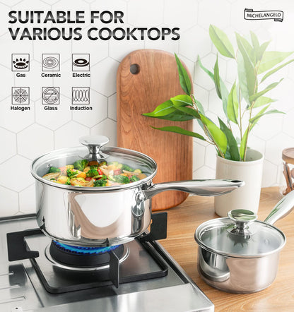 MICHELANGELO 1Qt & 2Qt Tri-ply Stainless Steel Saucepan Set, Small Cooking Pots with Tempered Glass Lids, Induction Ready, Oven & Dishwasher Safe, Multipurpose Sauce Pans for Home Kitchen & Restaurant