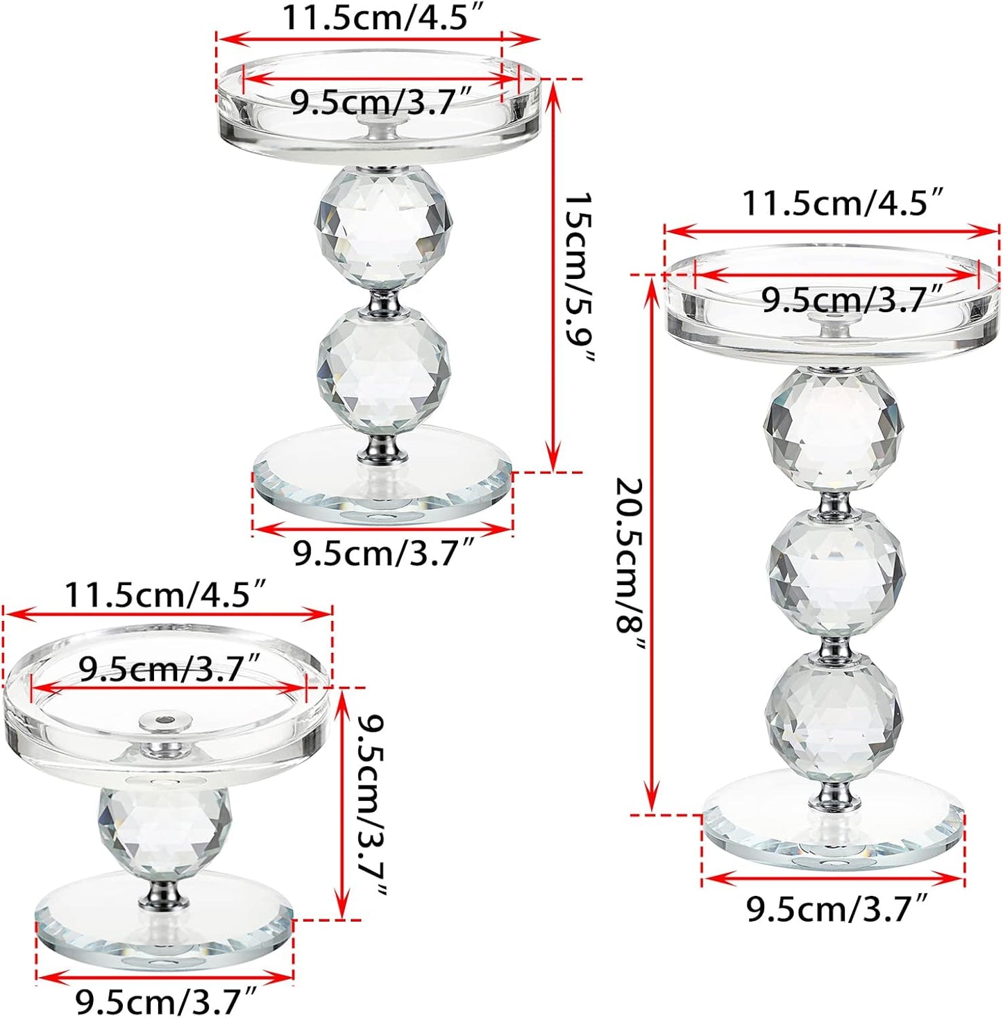 OwnMy Crystal Glass Pillar Candlestick Holders - Set of 3 Modern Tealight Votive Stands for Weddings & Home Decor