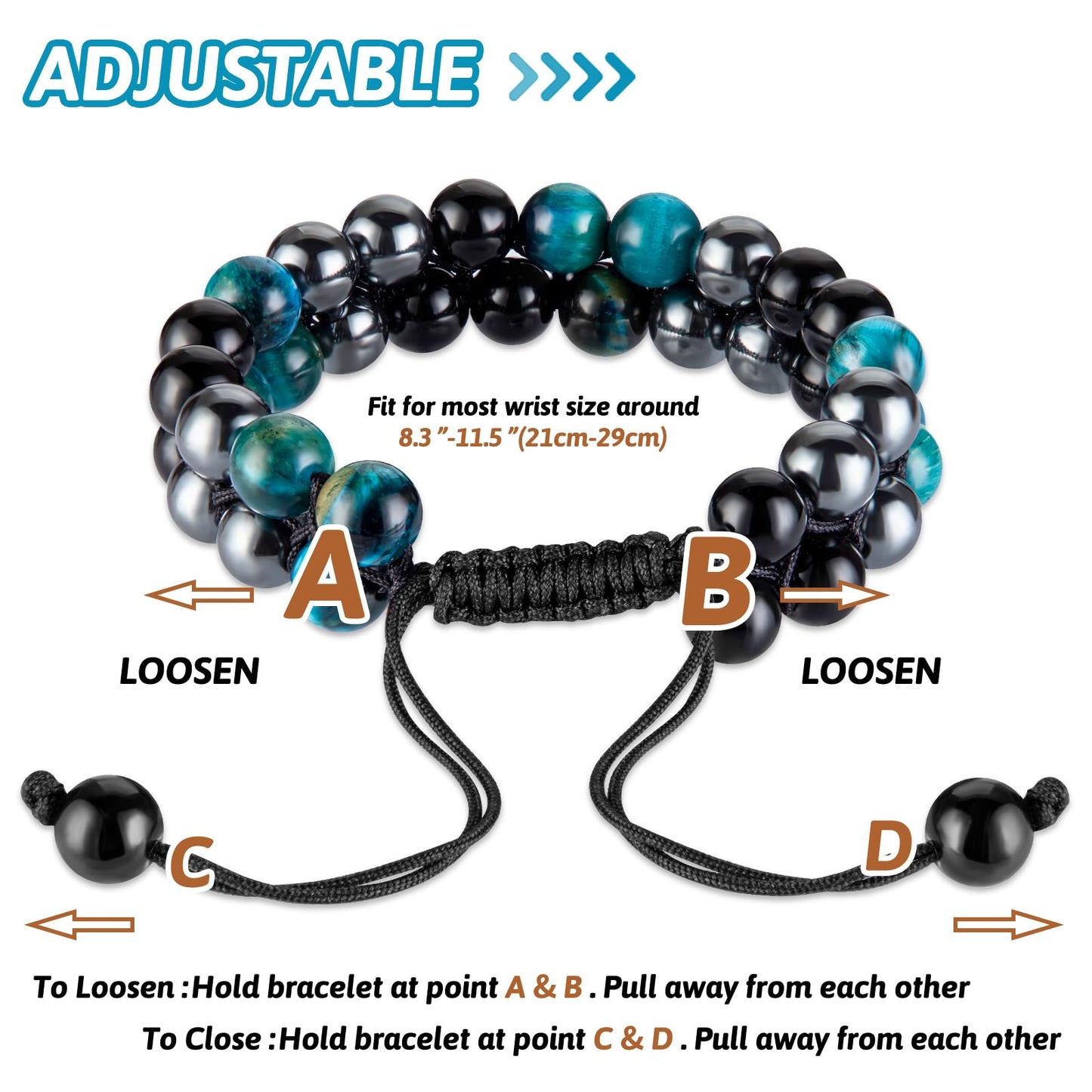 MIDON Tiger Eye Bracelet, Triple Protection Bracelet for Men Women, Handmade Tiger Eye Beads Hematite and Black Obsidian Jewelry Natural Stone Healing Energy Healing Luck Crystal Bracelets