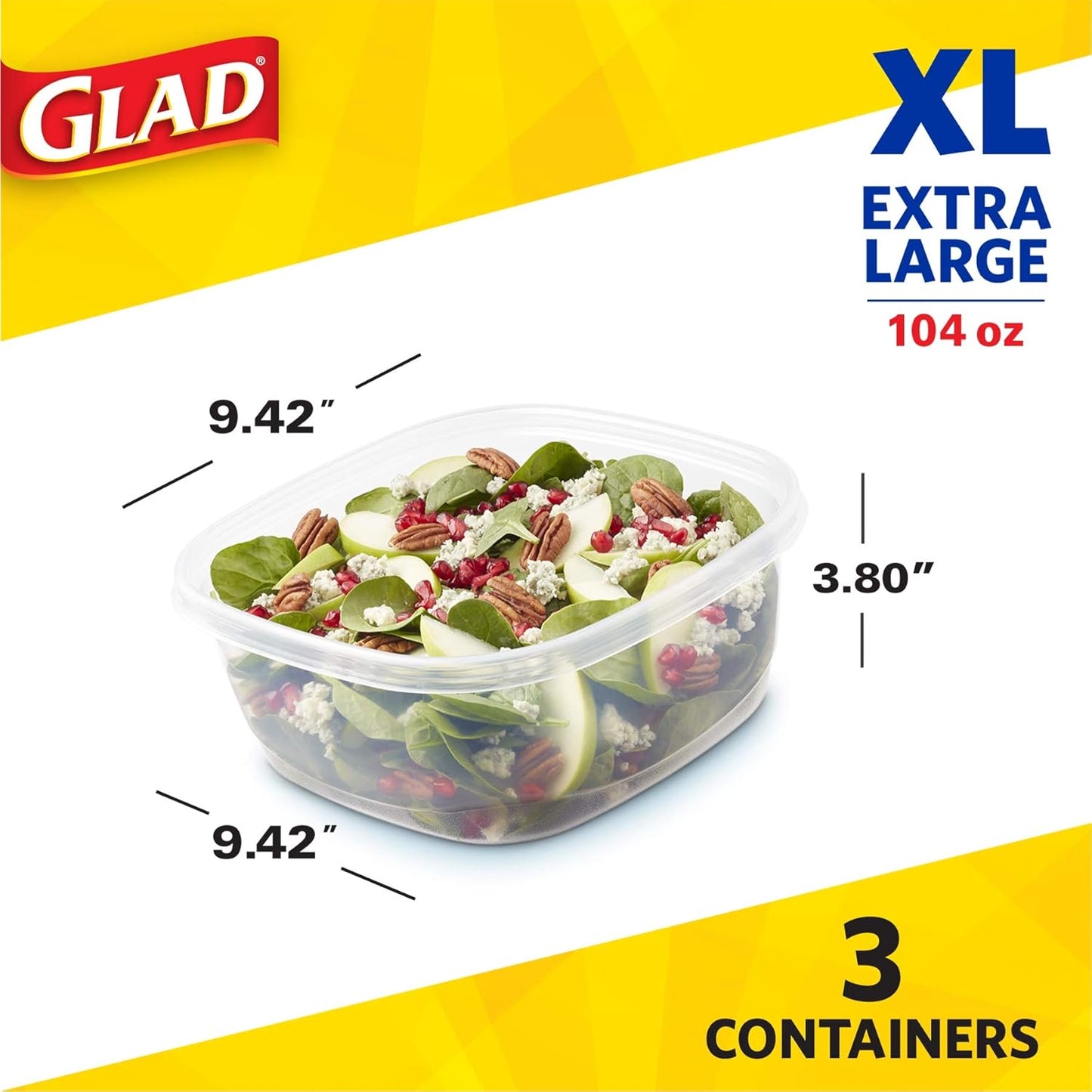 GladWare Family Size Food Storage Containers, XL Large Square Containers Hold Up to 104 Ounces, Set of 3