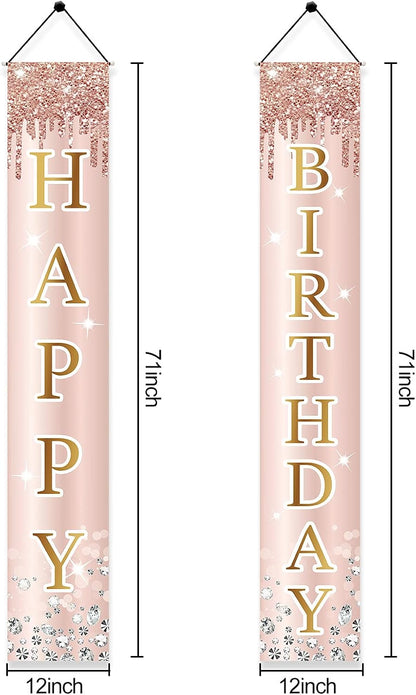 Pink Rose Gold Happy Birthday Door Banner Decorations, Birthday Party Porch Sign Supplies for Women Girls, Sweet 16th
