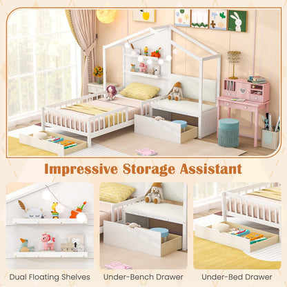 Giantex Twin House Bed for Kids, Wooden Kids Twin Bed Frame with Padded Bench, Floating Bookcase & 2 Rolling Storage Drawers, Wooden Montessori House Bed for Girls Boys, No Box Spring Needed, White