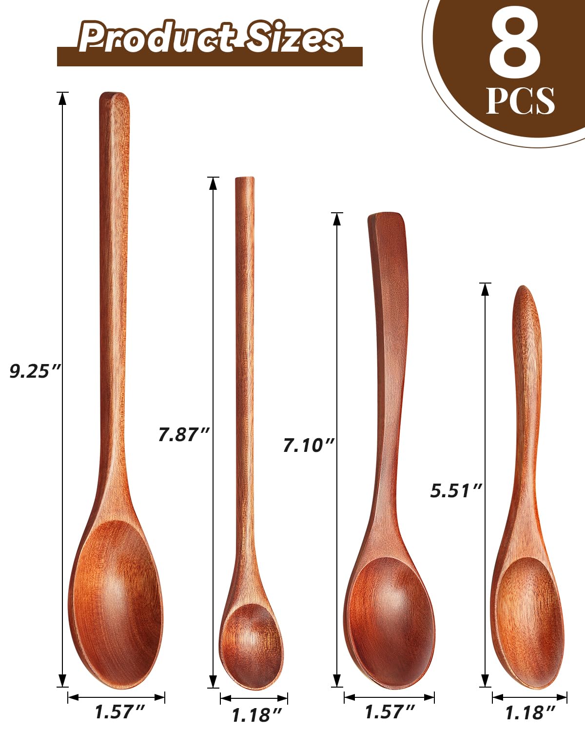 8Pcs Small Wooden Spoons for Eating, Wood Honey Spoon for Tea, Coffee&Soup, Little Tiny Wooden Serving Spoons Set for Cooking Mixing Stirring, 4 Sizes(9.3’’, 7.9’’, 7.1’’, 5.5’’)